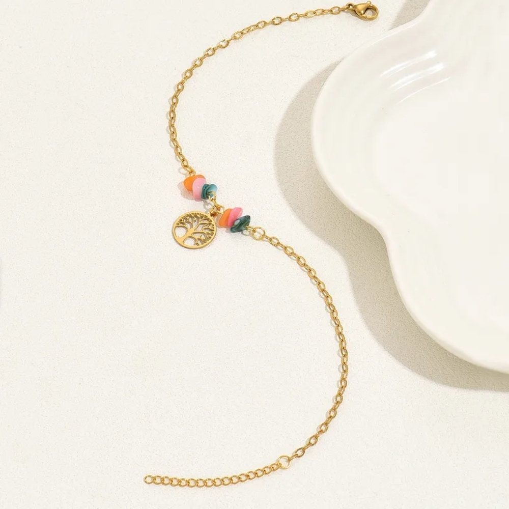 Gold Tree of Life Anklet Multicolor Beaded Ankle Bracelet 18K Summer Jewelry - Picture 13 of 13
